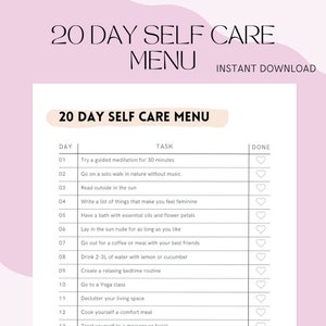 Self Care Menu 20 Day Checklist | Self Love Menu | Mindfulness Checklist