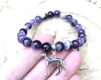 Sighthound charm , amethyst gemstone stretch bracelet