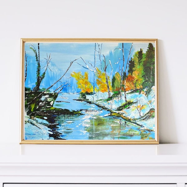 Original painting Landscape alpin river| Artwork on canvas | wall art | elegant wall art | large wall art | room decor | gift anniversary