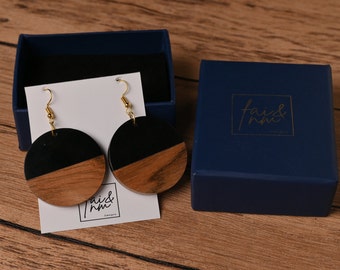 Black & Wood Circle Earrings | Boho Color Block Wooden Earrings | Hypoallergenic Resin and Wood Earrings | Cute, Trendy Gift for her