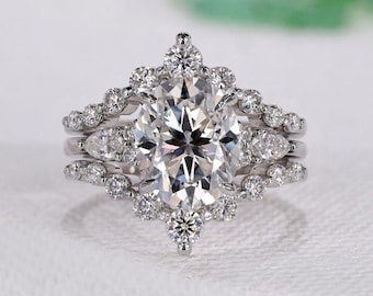 Oval Moissanite Bridal Ring Set with Enhancer Bands, Seven Stone Engagement Ring with Pear Diamond Accents, Unique Moissanite Wedding Set