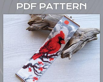 Red Cardinal EVEN count Peyote bracelet pattern, Winter Bird bracelet pattern, Miyuki Delica Cuff PDF beading graph pattern