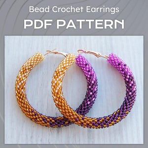 Ombre hoop earrings pattern, DIY Bead Crochet gold purple hoops pattern, Gradient large Hoop Earrings PDF files, Beaded Shiny earrings PDF