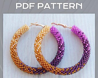 Ombre hoop earrings pattern, DIY Bead Crochet gold purple hoops pattern, Gradient large Hoop Earrings PDF files, Beaded Shiny earrings PDF