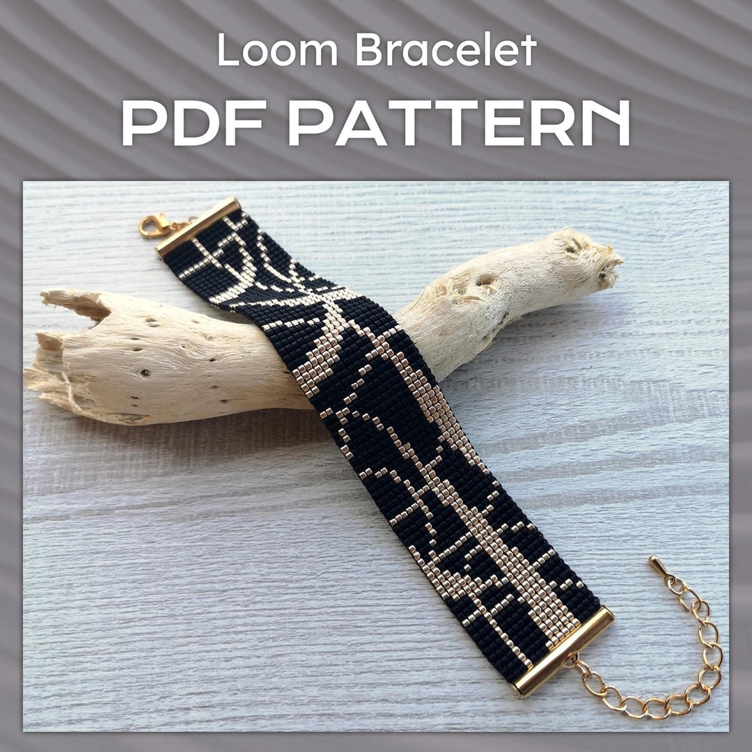 Abstract Bead Loom Bracelet Pattern, DIY Beaded Geometric Black Gold ...