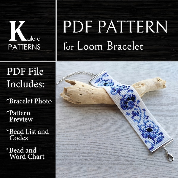Flower print bracelet pattern, Floral Loom Bead Pattern, Miyuki Delica Bracelet PDF Pattern, PDF Beading wrist cuff instant download