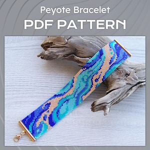 May include: A beaded peyote bracelet with a blue, turquoise, and gold pattern. The bracelet has gold-colored end caps and a clasp. The image also includes the text "Peyote Bracelet PDF PATTERN".