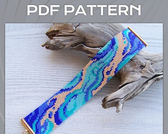 Abstract Peyote EVEN Count bracelet pattern, Blue shades with gold Miyuki Delica PDF Pattern, Beading Modern colorful wrist cuff download