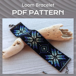Geometric Loom Bead Pattern, Ethnic Scandinavian Miyuki Delica Beaded Bracelet PDF, DIY winter snowflake, Black and Blue gradient Flowers
