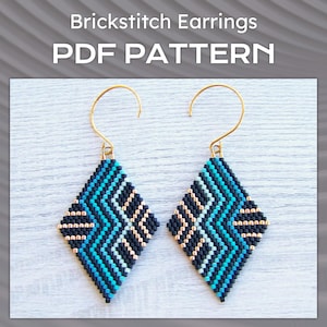 Abstract Geometric Brick Stitch Earrings PDF pattern, Turquoise Emerald Ombre lines,  Rhombus Miyuki Delica Beaded Earrings pattern