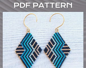 Abstract Geometric Brick Stitch Earrings PDF pattern, Turquoise Emerald Ombre lines,  Rhombus Miyuki Delica Beaded Earrings pattern