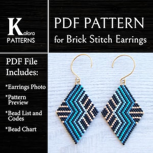 Abstract Geometric Brick Stitch Earrings PDF pattern, Turquoise Emerald Ombre lines,  Rhombus Miyuki Delica Beaded Earrings pattern