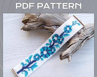 Flower print EVEN count Peyote bracelet pattern, Floral Miyuki Delica Bracelet PDF Pattern, Blue flowers in white peyote bracelet PDF