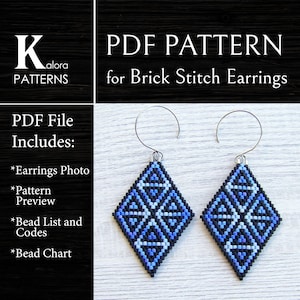 Geometric Brick Stitch Earrings PDF pattern, Blue gradient Boho earrings pattern, Rhombus Miyuki Delica Diamond Shaped Beaded pattern