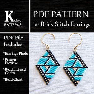 Turquoise Shades Rhombus Earrings Brick Stitch pattern, Miyuki Delica Diamond Shaped Beaded Earrings pattern, Boho ombre gradient pattern