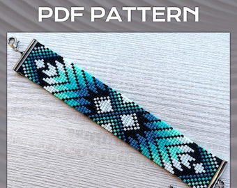 Ombre Geometric Loom bracelet pattern, Miyuki Delica Bracelet PDF Pattern, Beading blue turquoise gradient pattern, native bracelet pattern