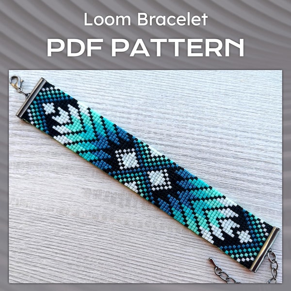 Ombre geometriskt vävstolsarmbandsmönster, Miyuki Delica-armband PDF-mönster, pärlmönster i blått turkos, inhemskt armbandsmönster