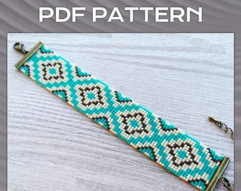 Native Tribal Loom Beading Bracelet Pattern, Ethnic Style Miyuki Delica Bracelet PDF Pattern, DIY Beaded Turquoise Beige bracelet pattern