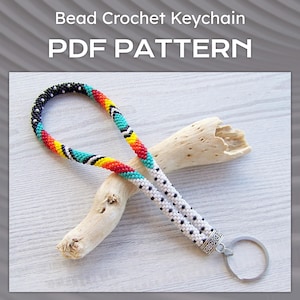 Bead Crochet native style key holder pattern, PDF white with dots tribal wristlet key fob, Colorful Keychain pattern, PDF DIY pattern