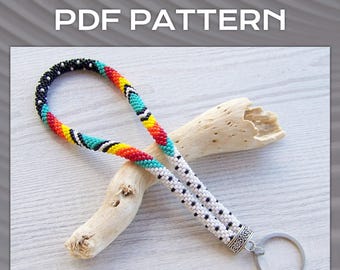 Bead Crochet native style key holder pattern, PDF white with dots tribal wristlet key fob, Colorful Keychain pattern, PDF DIY pattern
