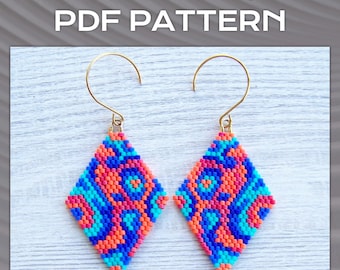 Abstract Brick Stitch Earrings PDF pattern, Colorful geometric modern earrings pattern, Rhombus Miyuki Delica Diamond Shap Beaded pattern