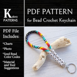 Patrón de llavero de estilo nativo tejido a crochet con cuentas, PDF de llavero tribal de pulsera blanco con lunares, patrón de llavero colorido, patrón de bricolaje en PDF