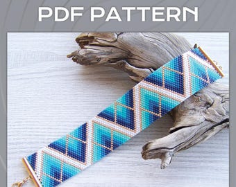 Geometric Turquoise Gradient Peyote EVEN Count bracelet pattern, Miyuki Delica PDF Pattern, Beading Ombre Blue Triangle pattern wrist cuff