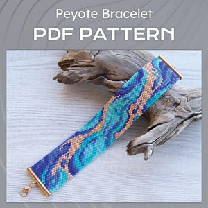Abstract Peyote EVEN Count bracelet pattern, Blue shades with gold Miyuki Delica PDF Pattern, Beading Modern colorful wrist cuff download