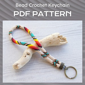 Bead Crochet tribal style key holder pattern, PDF beige wristlet key fob, Key chain pattern, PDF DIY Keychain pattern, native pattern