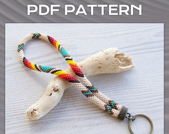 Bead Crochet tribal style key holder pattern, PDF beige wristlet key fob, Key chain pattern, PDF DIY Keychain pattern, native pattern