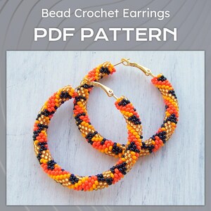 Bead Crochet Tiger Earrings Pattern, DIY Seed Beads large Orange Hoop Earrings PDF pattern files, Beaded big Hoops ear rings project