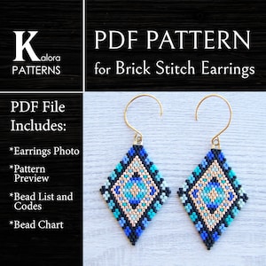 Geometric Tribal Brick Stitch Earrings PDF pattern, Blue gradient Boho earrings pattern, Rhombus Miyuki Delica Diamond Shaped Beaded pattern
