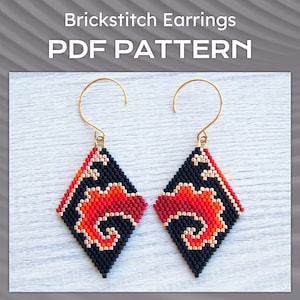 Modello PDF per orecchini Brick Stitch, ornamento con sfumature rosse, modello per orecchini con perline Miyuki Delica a rombo, modello PDF tribale