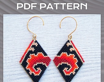 Brick Stitch Earrings PDF pattern, Red shades ornament Rhombus Miyuki Delica Beaded Earrings pattern, Tribal PDF pattern