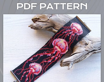 Jellyfish Peyote EVEN Count bracelet pattern, Miyuki Delica PDF Pattern, Beading Marine animal pattern wrist cuff download