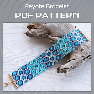May include: A beaded peyote bracelet with a geometric pattern in shades of blue and turquoise, with gold-colored metal clasps. The text "Peyote Bracelet PDF PATTERN" is displayed at the top of the image.