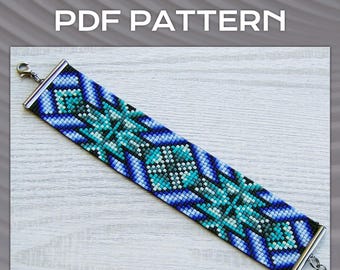 Geometric Loom Bead Pattern, Ethnic Miyuki Delica Beaded Bracelet PDF, DIY Blue Green Gradient, Native style loom pattern