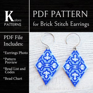 Ethnic Flower Brick Stitch Earrings PDF pattern, Blue shades Rhombus Miyuki Delica Beaded Earrings pattern, Native tribal PDF pattern