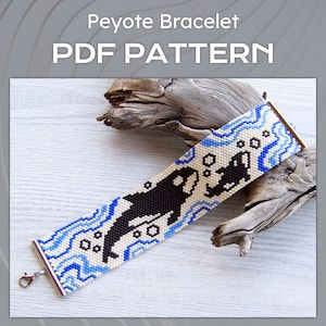 May include: A beaded peyote bracelet featuring a black and white orca design with blue wave accents. The bracelet has a silver clasp and the text "Peyote Bracelet PDF PATTERN" is displayed at the top.