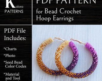 Ombre hoop earrings pattern, DIY Bead Crochet gold purple hoops pattern, Gradient large Hoop Earrings PDF files, Beaded Shiny earrings PDF
