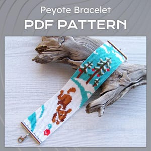 May include: A beaded peyote bracelet with a winter scene design. The bracelet features a white background with a brown animal, red flower, and turquoise accents. The top of the bracelet has a turquoise and white pattern with brown trees and red berries. The text "Peyote Bracelet PDF PATTERN" is at the top.