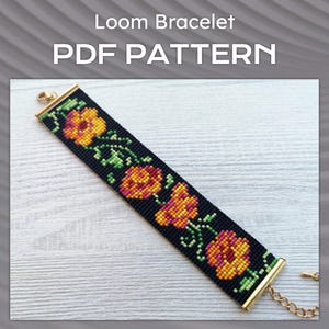 Floral Loom Bead Pattern, Miyuki Delica Bracelet PDF Pattern, Flower print bracelet pattern, PDF Beading wrist cuff instant download
