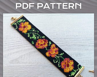 Floral Loom Bead Pattern, Miyuki Delica Bracelet PDF Pattern, Flower print bracelet pattern, PDF Beading wrist cuff instant download