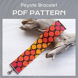 May include: A beaded Peyote bracelet with a honeycomb pattern in shades of red, orange, and yellow. The bracelet is displayed on a white wooden surface with a piece of driftwood. The text "Peyote Bracelet PDF PATTERN" is at the top.