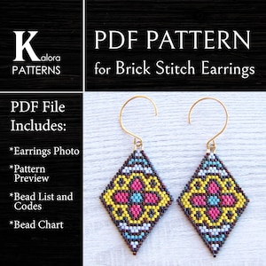 Geometric Brick Stitch Earrings PDF pattern, Colorful Boho earrings pattern, Rhombus Miyuki Delica Diamond Shaped Beaded pattern