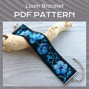 Blue Flowers Loom Bead Pattern, Miyuki Delica Bracelet PDF Pattern, Floral print bracelet pattern, PDF Beading wrist cuff instant download