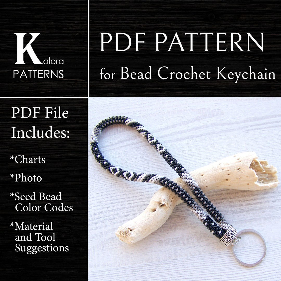 PDF Bead Crochet Key Holder Pattern, Black Gray Patchwork Wristlet Key ...