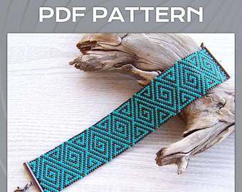 Peyote EVEN Count bracelet pattern, Miyuki Delica PDF Pattern, Beading Geometric turquoise and bronze pattern wrist cuff download