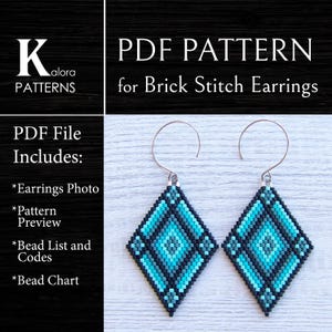 Geometric Turquoise Black Brick Stitch Earrings PDF pattern, Blue gradient Boho earrings pattern, Rhombus Miyuki Delica Diamond Shaped