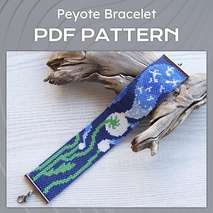 May include: A beaded peyote bracelet with a blue, white, and green floral design. The bracelet is rectangular with a silver clasp. The text "Peyote Bracelet PDF PATTERN" is at the top of the image.